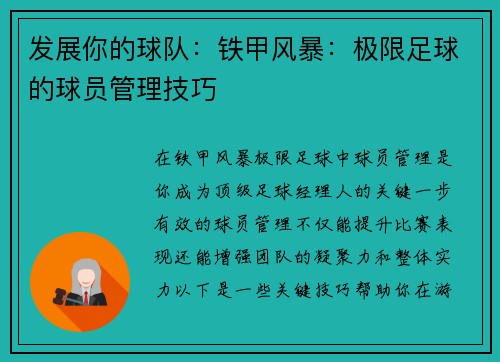 发展你的球队：铁甲风暴：极限足球的球员管理技巧